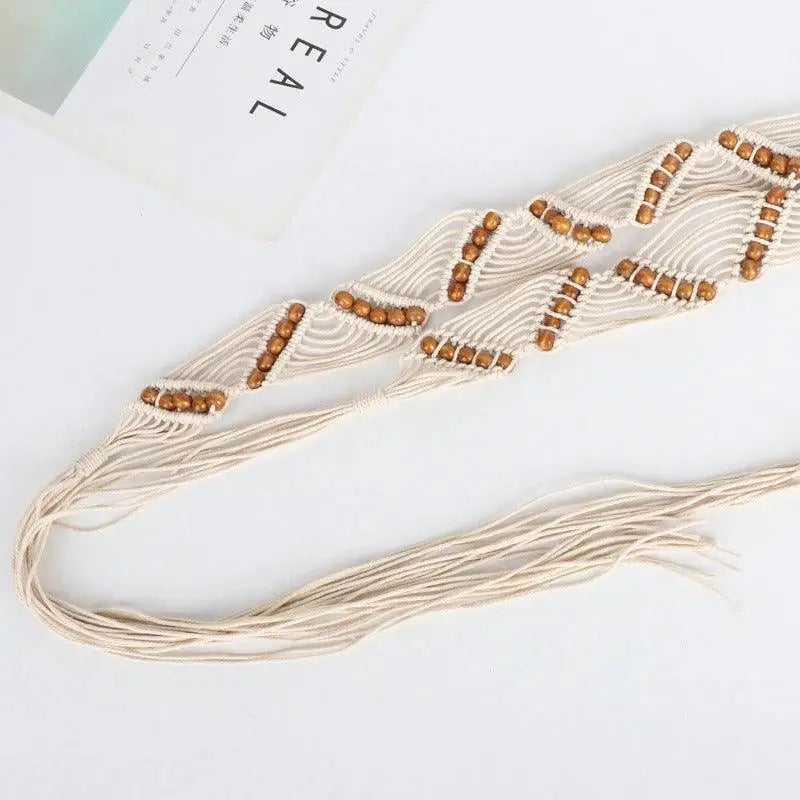 Cotton Rope Macrame Belt with Wooden Beads showcasing rustic authenticity and boho style