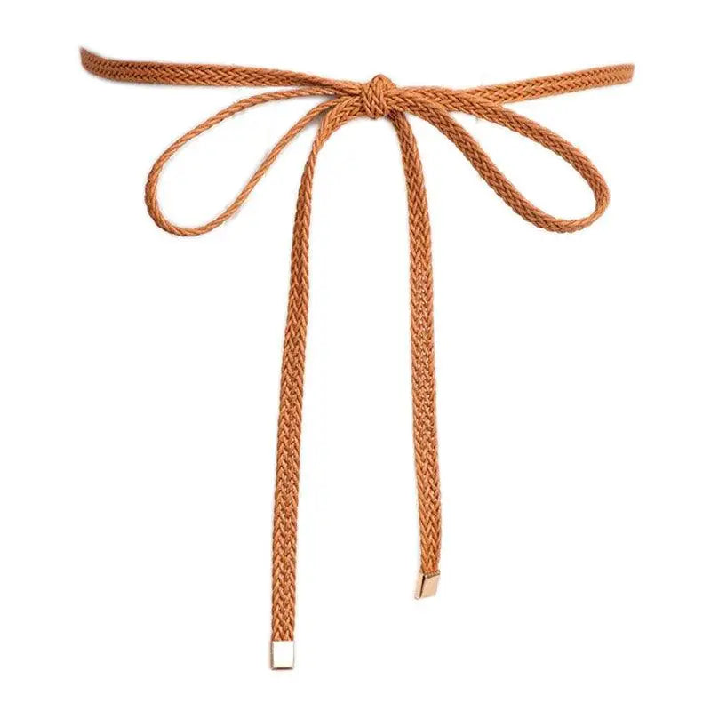 Braided brown tie belt with a bow for a classic, stylish look