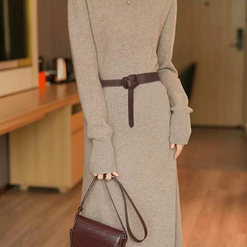 Beige knit dress with brown Thiphilia Tie Belt and Tie Belt on Houndstooth Blazer
