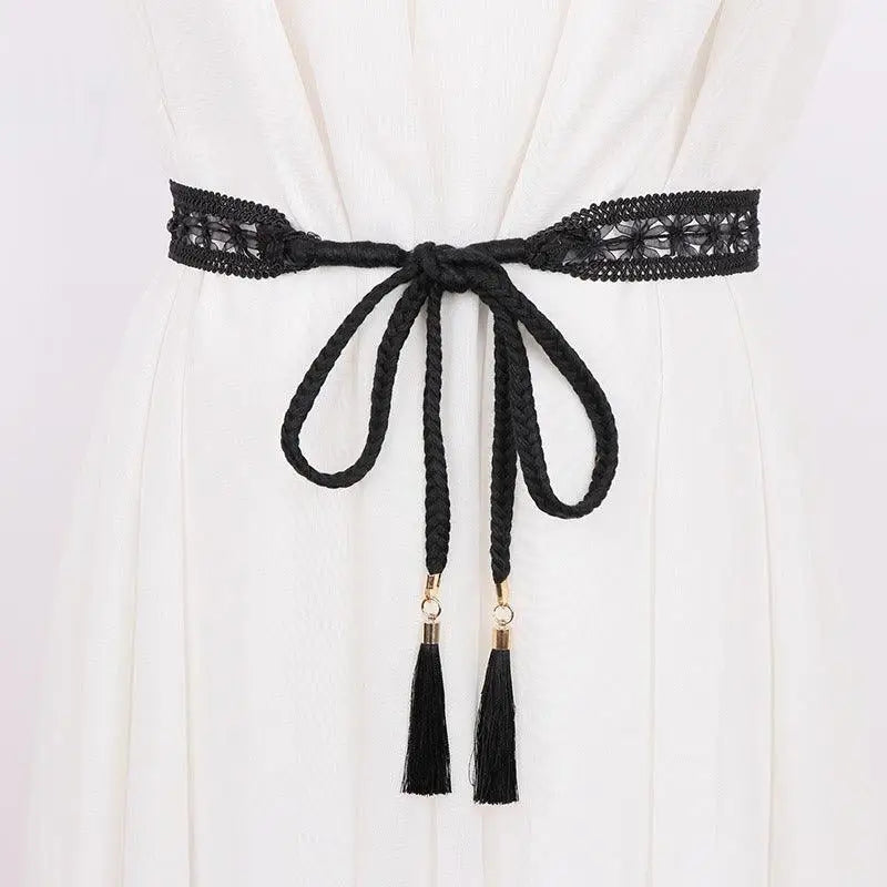 Janetta lace tie with decorative ribbon and braided cord featuring black lace and rope tassel belt