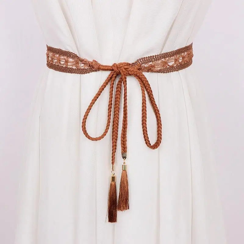 Janetta Lace Tie belt with braided cord and tassels showcasing elegant design
