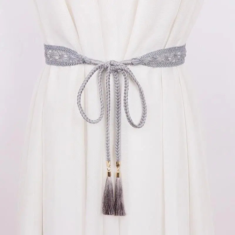 Gray braided tassel belt from Janetta Lace Tie with decorative ribbon and cord