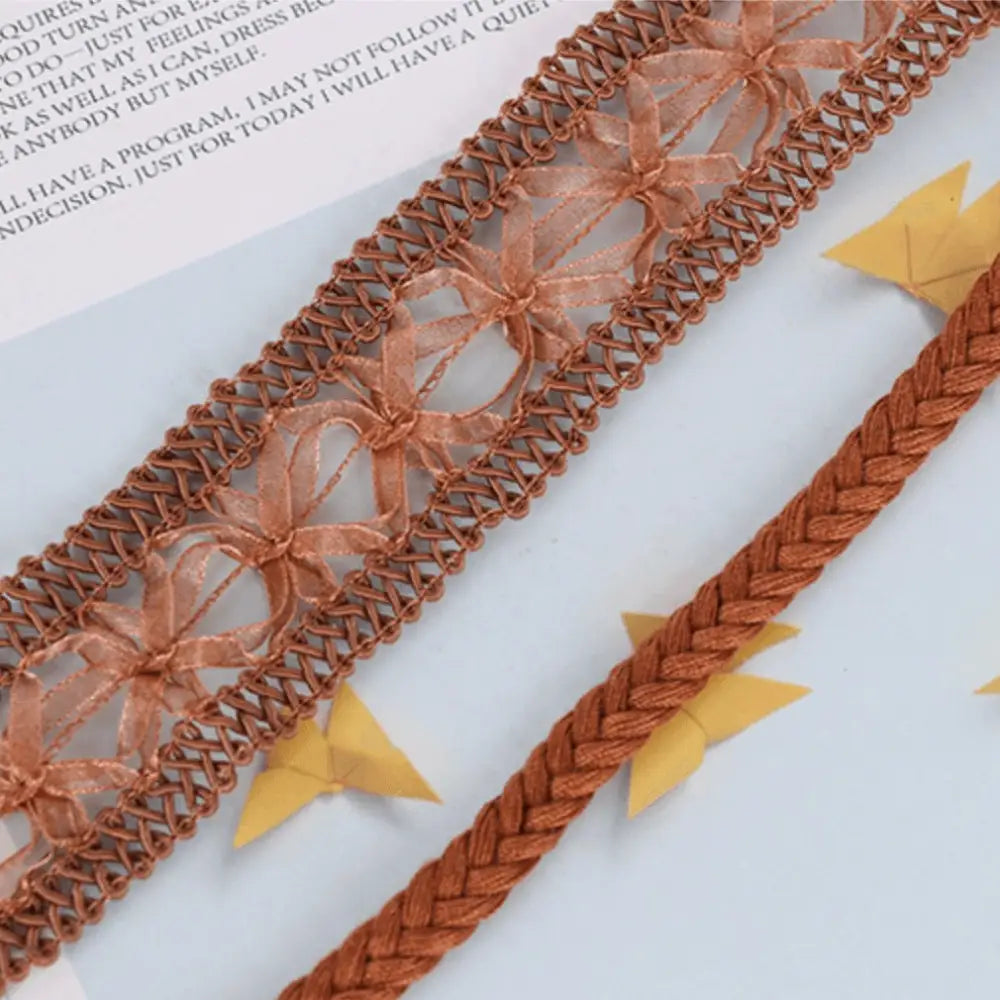 Janetta Lace Tie with decorative brown ribbon and braided cord for elegant styling