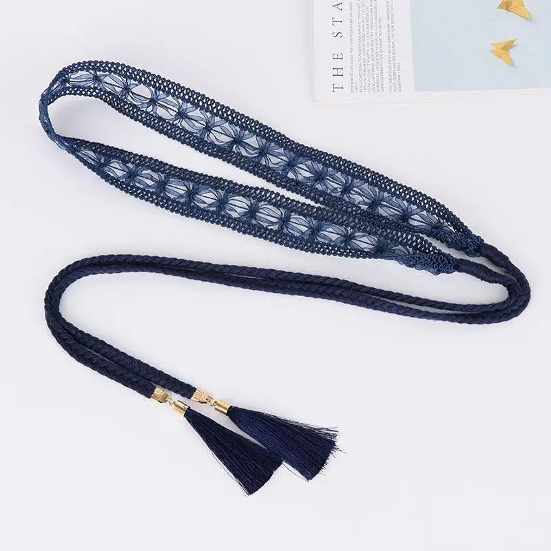 Navy blue tassel belt from Janetta Lace Tie with Decorative Ribbon and Braided Cord