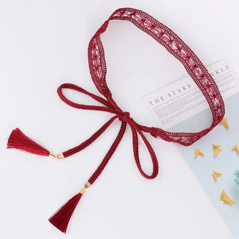 Maroon Janetta Lace Tie with decorative ribbon and braided cord for elegant style