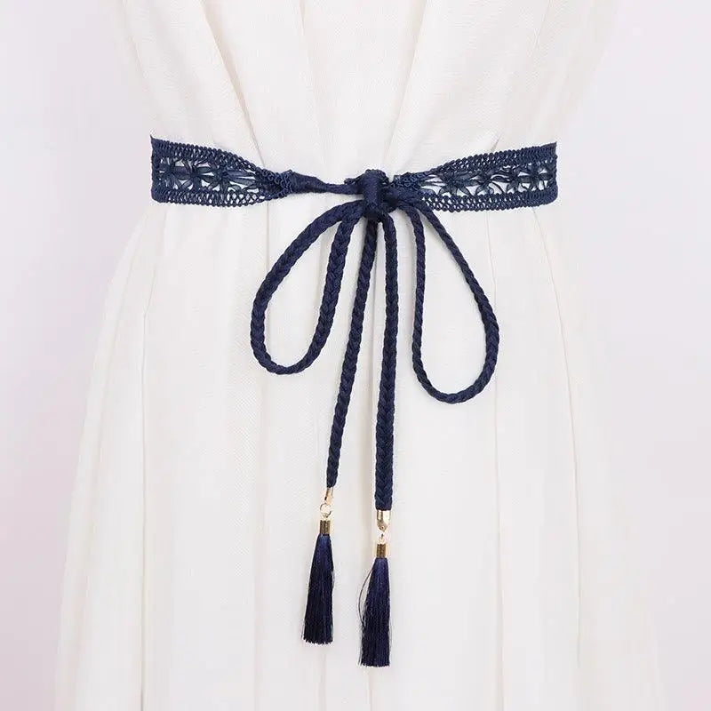 Navy blue Janetta lace tie belt with braided cord tassels and decorative ribbon