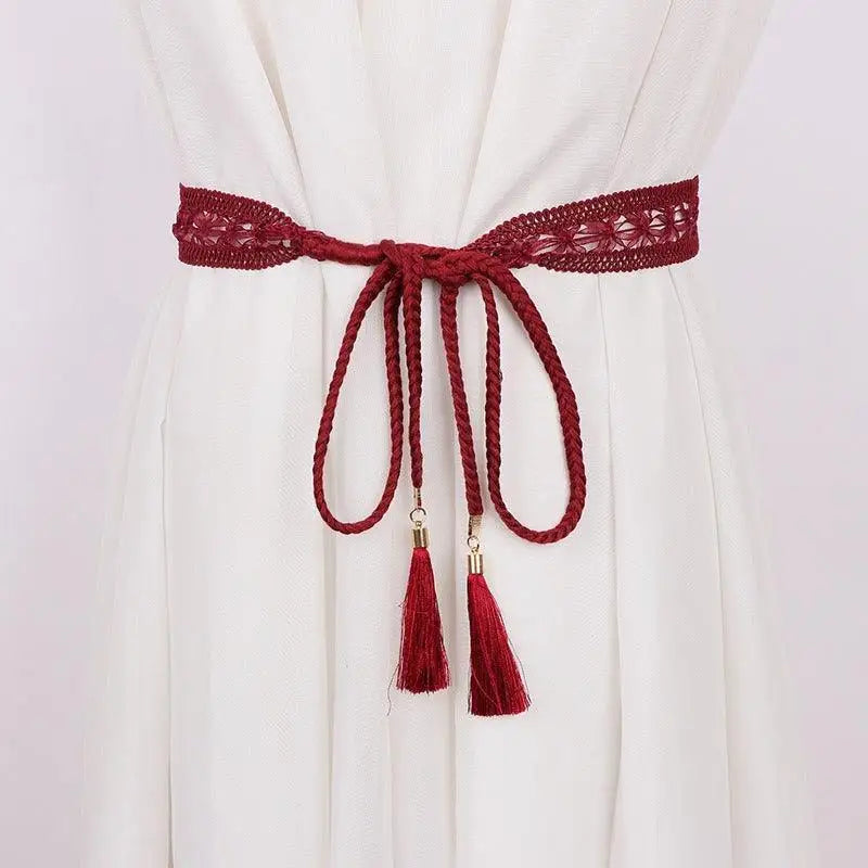 Jane... lace tie belt featuring burgundy lace, braided cord, and decorative tassels