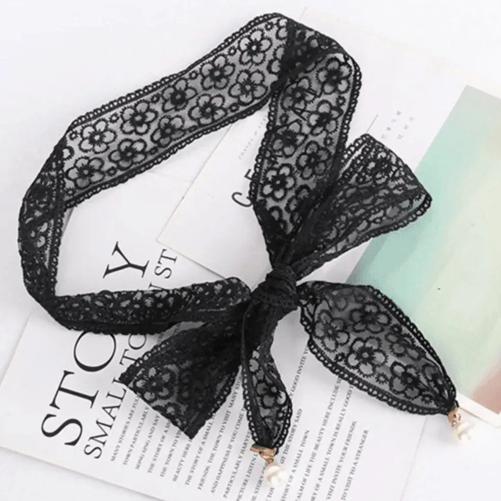 Black floral lace headband from the Black Lace Tie Belt Set with Pearl Accents
