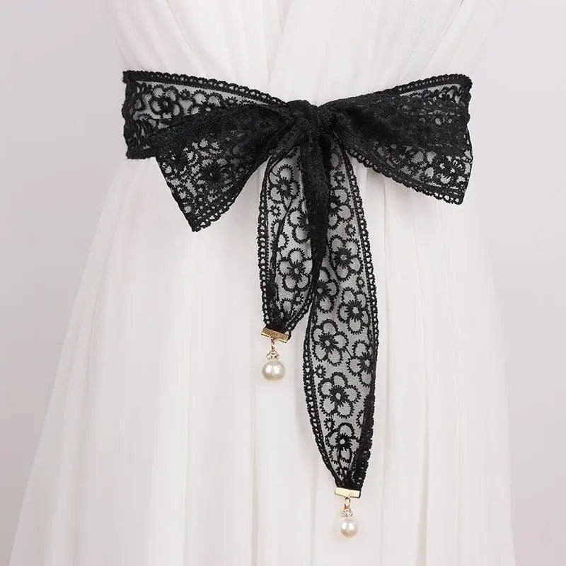 Black lace tie belt with pearl accents from the Black Lace Tie Belt Set with Pearl Accents and Headband