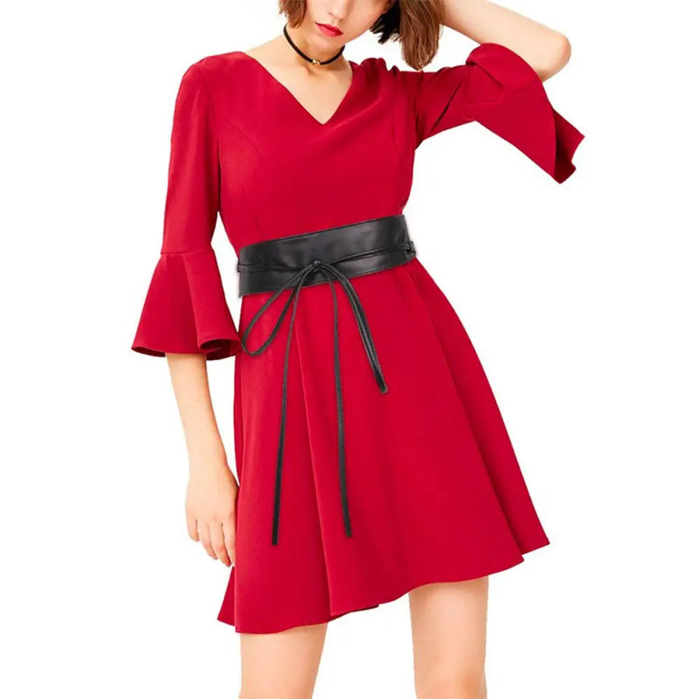 Red floral dress with Isabel belt and brown leather obi for elegant style
