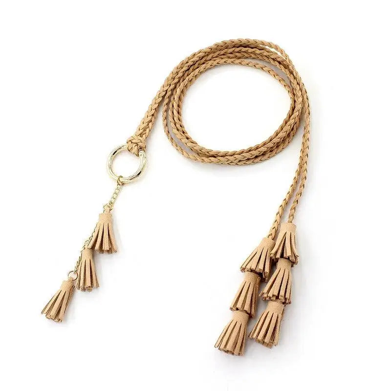Braided tan belt with tassels from Brown braided tassel necklaces and belts collection