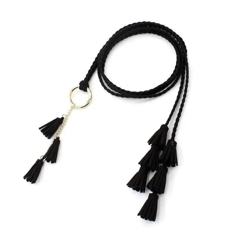Black braided belt with tassels showcased in Brown braided tassel necklaces and belts product image