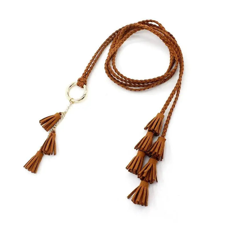 Brown braided belt with tassels displayed in Braided Tassel Necklaces and Belts in Brown