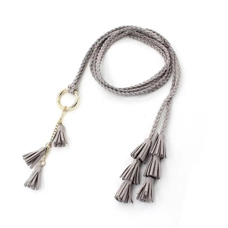Gray braided belt with tassels from Braided Tassel Necklaces and Belts in Brown