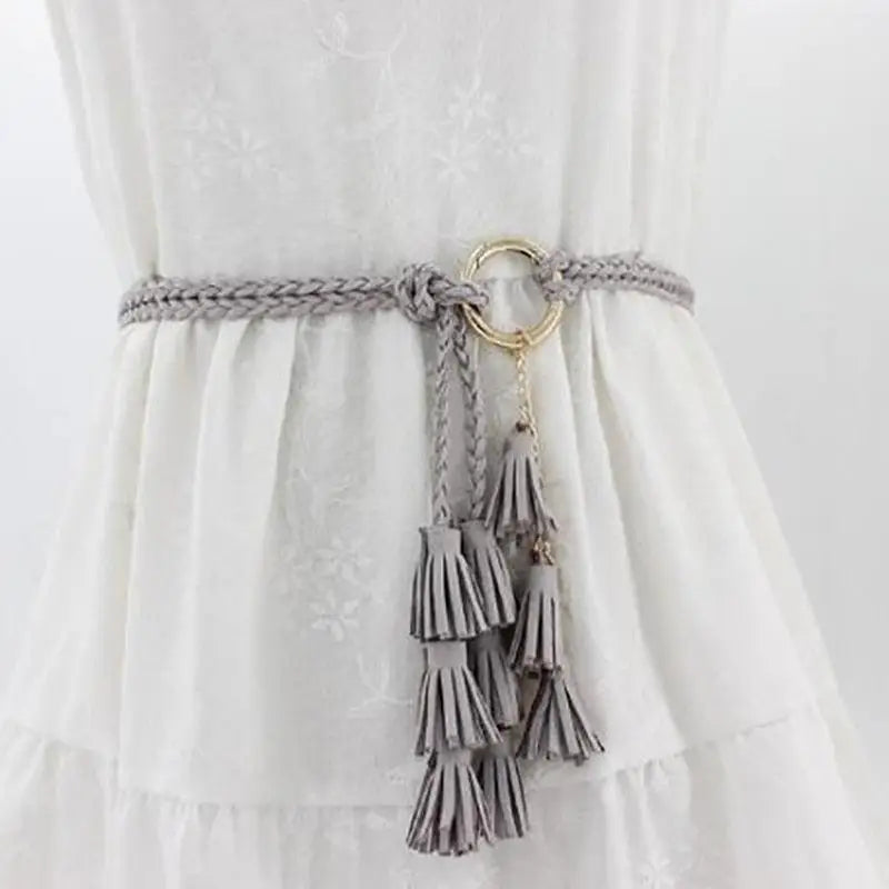 Gray braided belt with tassels from Braided Tassel Necklaces and Belts in Brown