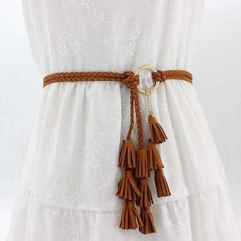 Brown braided belt with tassels from Braided Tassel Necklaces and Belts in Brown