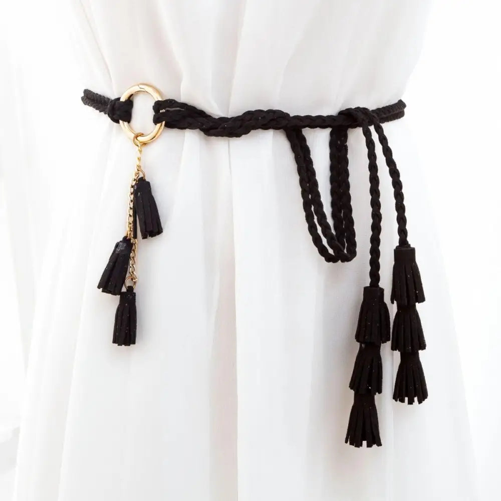 Black braided belt with gold ring and tassel details from Braided Tassel Necklaces and Belts in Brown