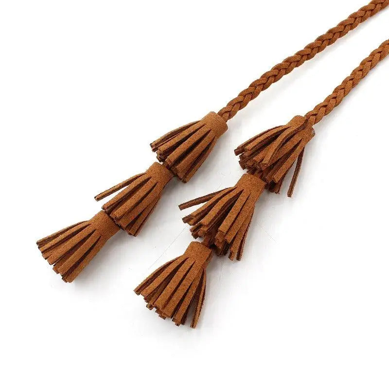 Brown braided cords with tiered tassels from Braided Tassel Necklaces and Belts in Brown