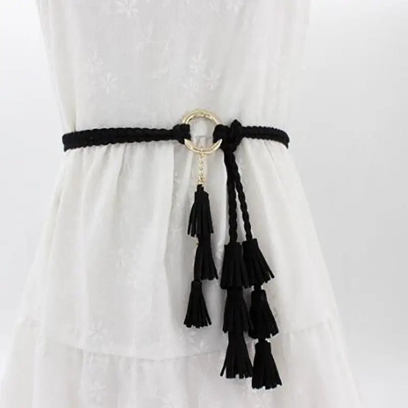 Black tassel belt with gold ring from Braided Tassel Necklaces and Belts in Brown