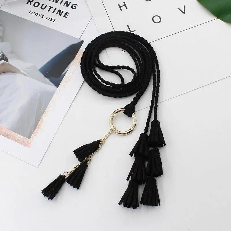 Black tassel belt with gold ring from Braided Tassel Necklaces and Belts in Brown