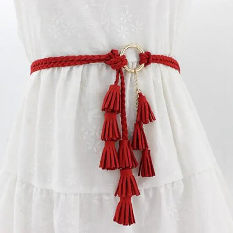 Red braided belt with tassels from Braided Tassel Necklaces and Belts in Brown