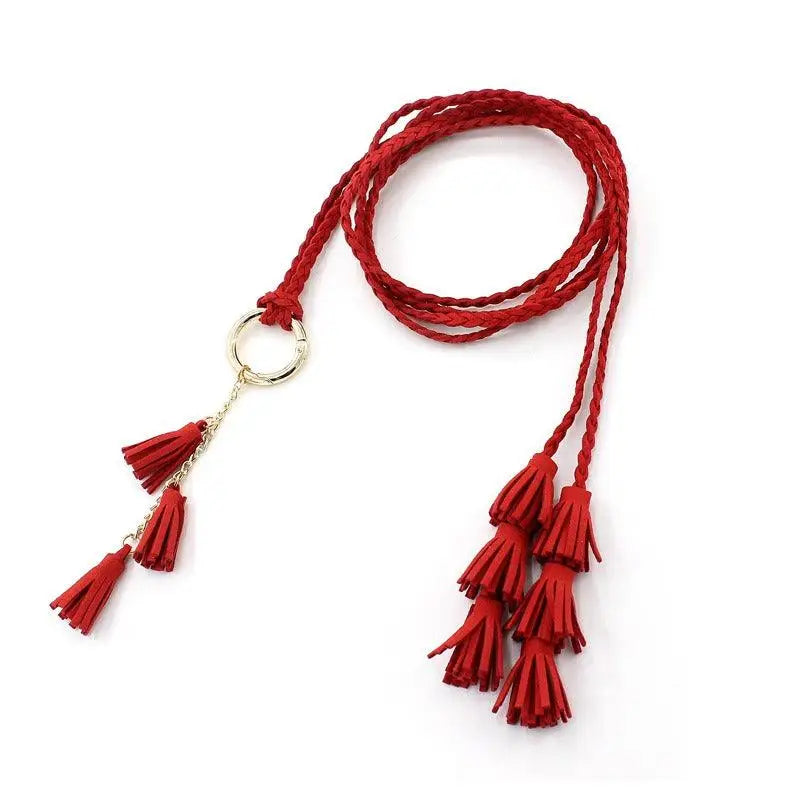 Red braided tassel belt from Braided Tassel Necklaces and Belts in Brown