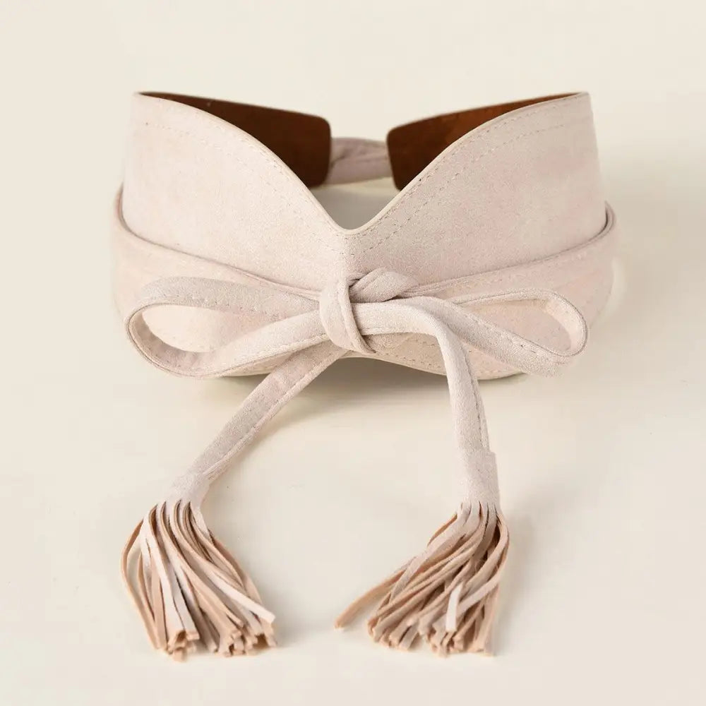 Beige suede obi belt with tassels on Floral Print Dress with Red Sash and Tassel Belt