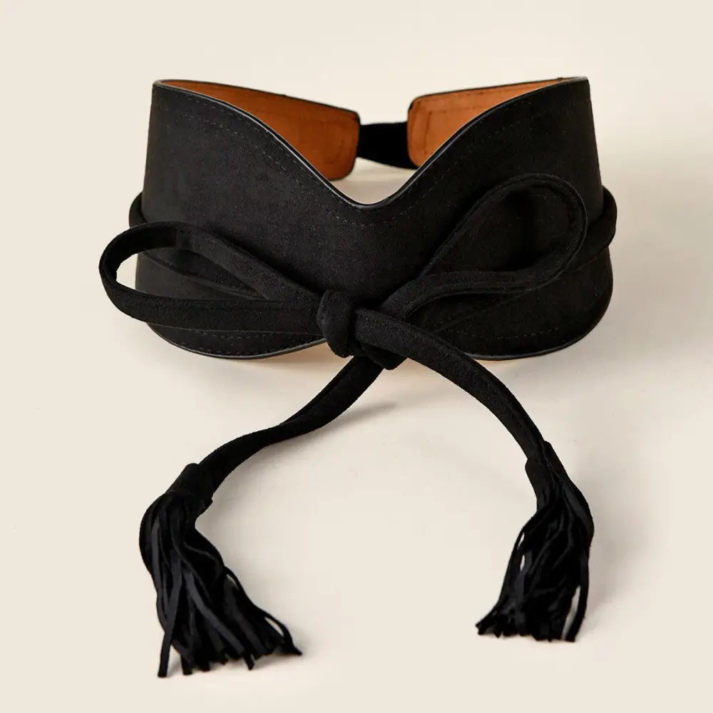 Black suede tassel belt with ties for Floral Print Dress with Red Sash