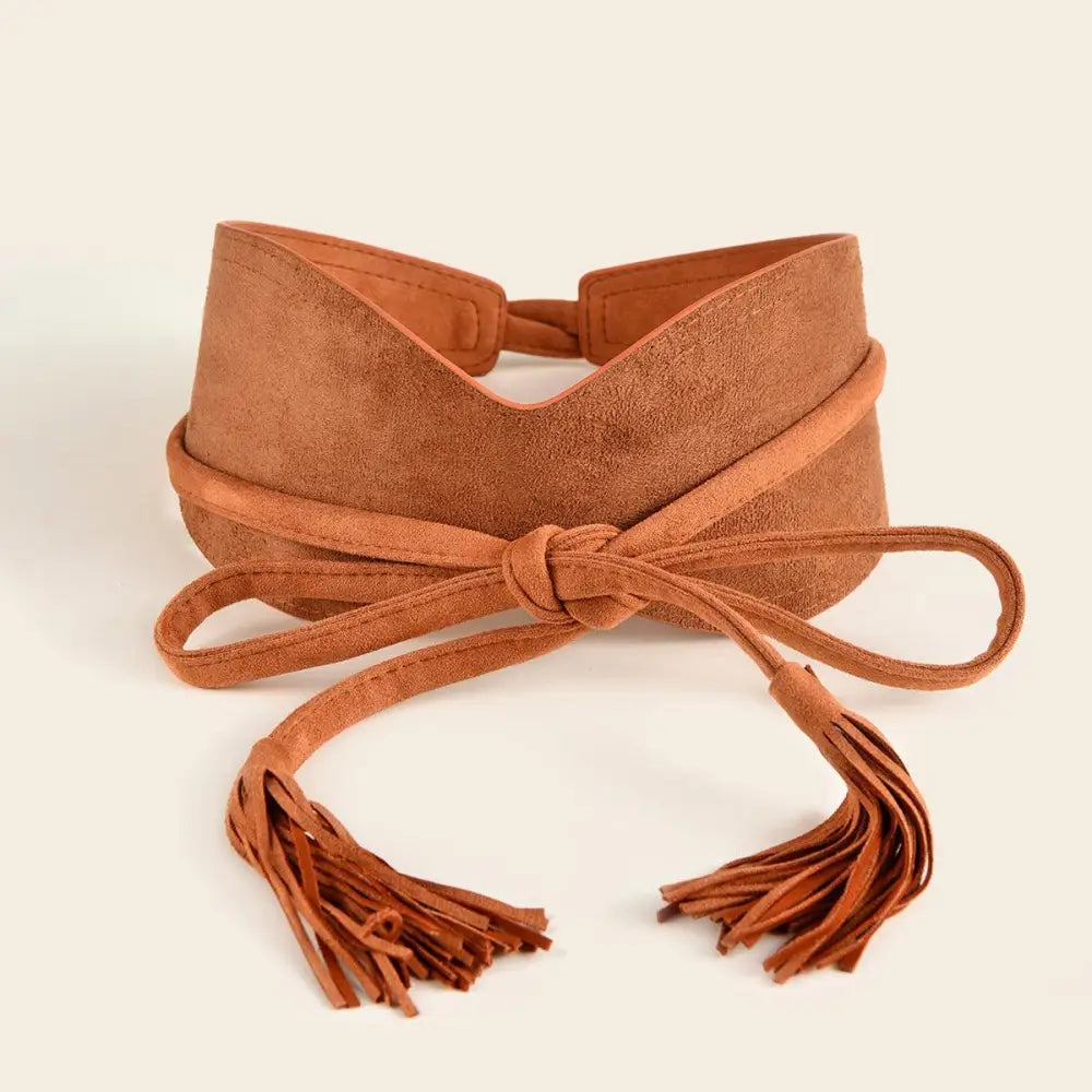 Brown suede belt with tassels from the Floral Print Dress with Red Sash and Tassel Belt