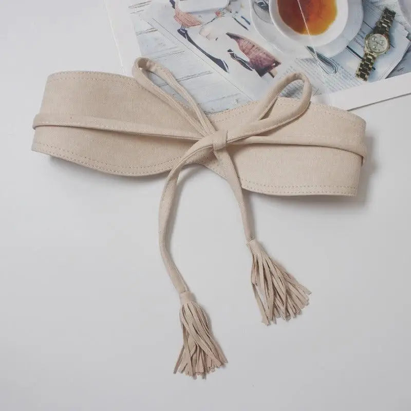 Beige suede tassel belt featured with Floral Print Dress with Red Sash and Tassel Belt