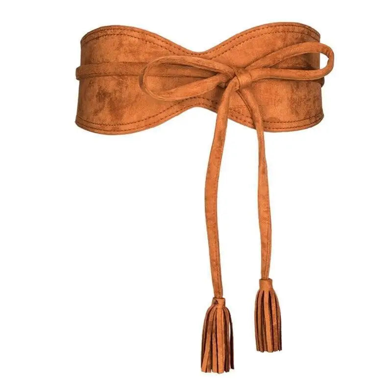 Brown suede tie belt with tassels for Floral Print Dress with Red Sash and Tassel Belt