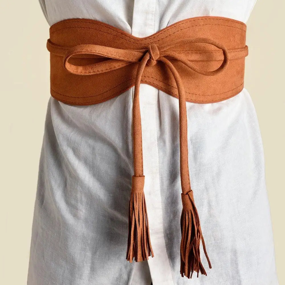 Brown suede obi belt with tassels from Floral Print Dress with Red Sash and Tassel Belt