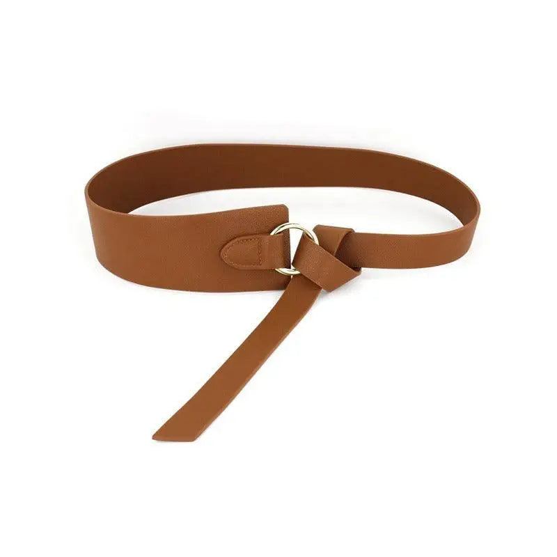 Brown leather tie belt with gold ring from Thanusa Tie Belt for stylish formal wear