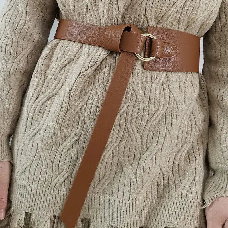 Brown Thanusa Tie Belt with Gold Ring Buckle for Stylish Formal Wear