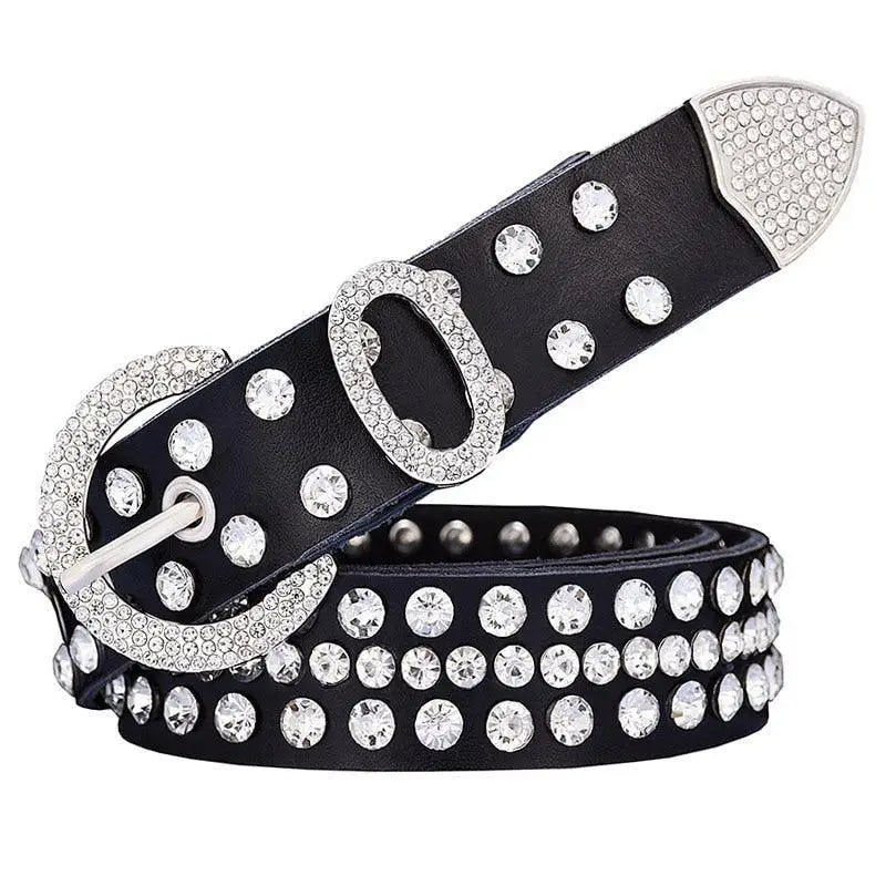 Allisa Model rhinestone belt in black leather with studded design and rhinestones