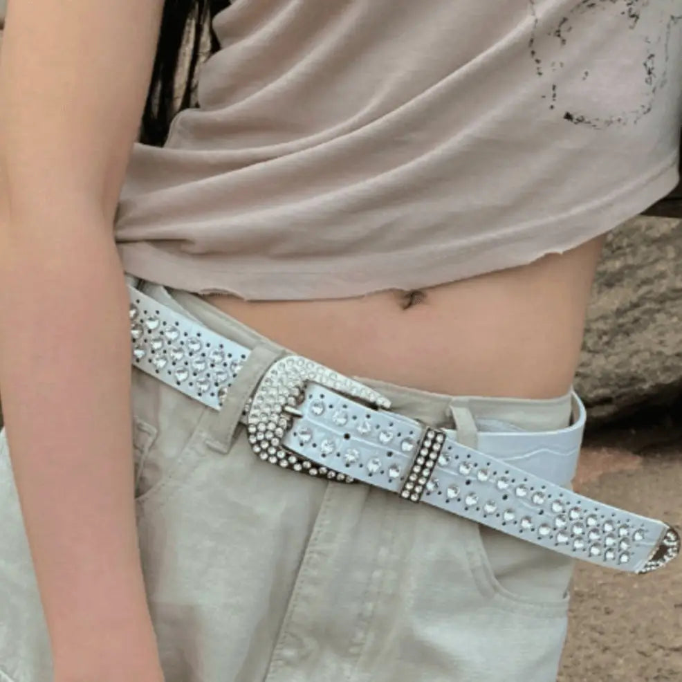 Elegant Rhinestone Leather Belt from Quinn Leather featuring rhinestone studs in white
