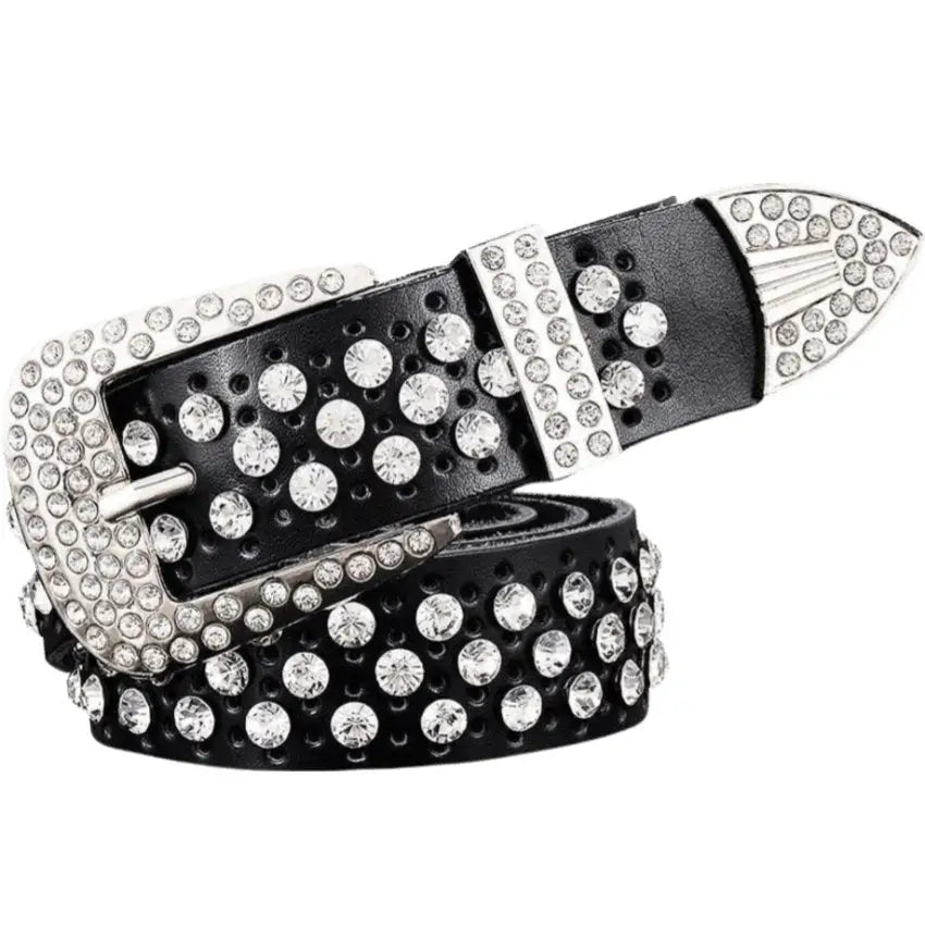 Elegant Quinn Leather Belt with Rhinestones in White Blue and Red for stylish fashion
