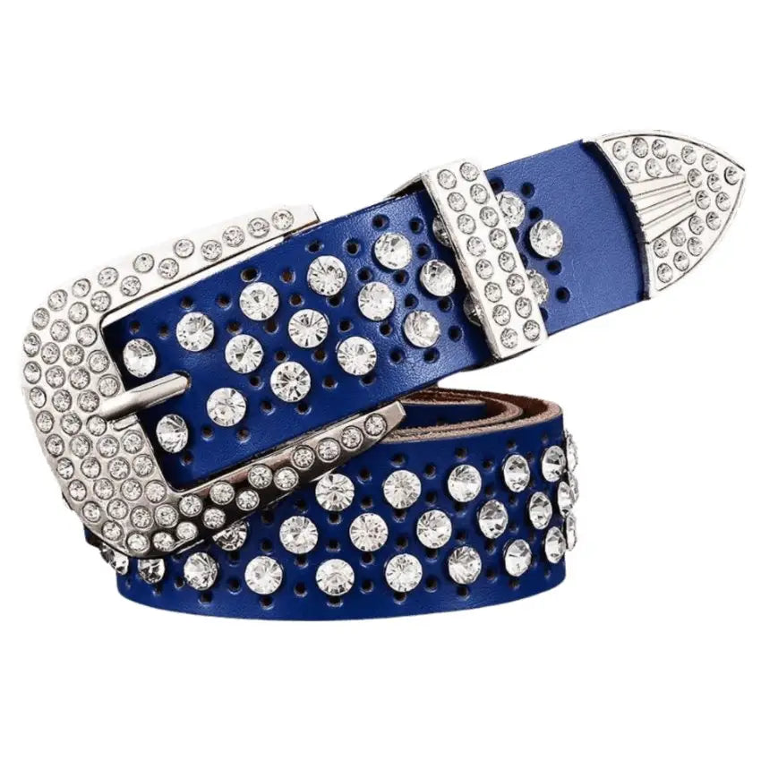 Blue rhinestone-studded leather belt from the Quinn Leather collection