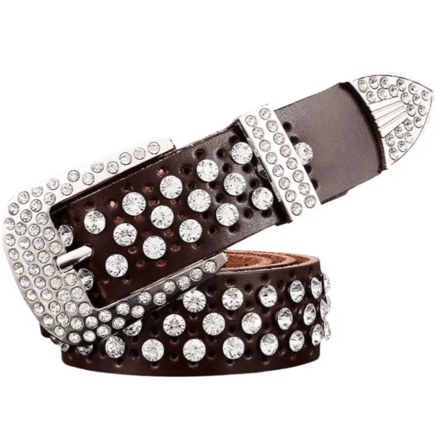 Brown leather belt with rhinestone embellishments from Quinn Leather in Elegant Styles