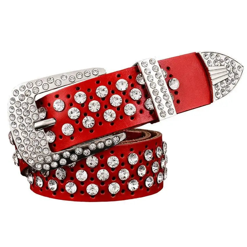 Red leather belt with rhinestone embellishments from Quinn Leather styles