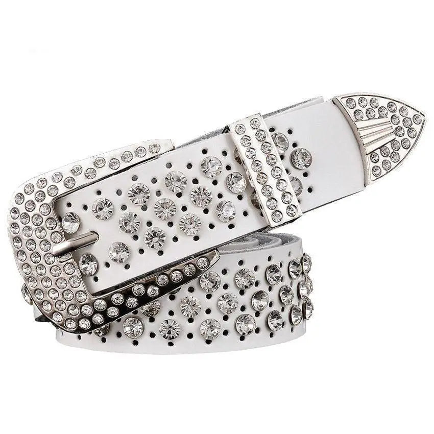White rhinestone-studded leather belt from Quinn Leather in Elegant Rhinestone collection