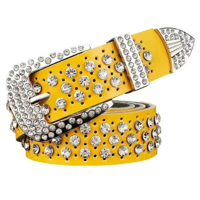 Yellow rhinestone-studded leather belt from Quinn Leather in the Elegant Rhinestone Leather Belts collection