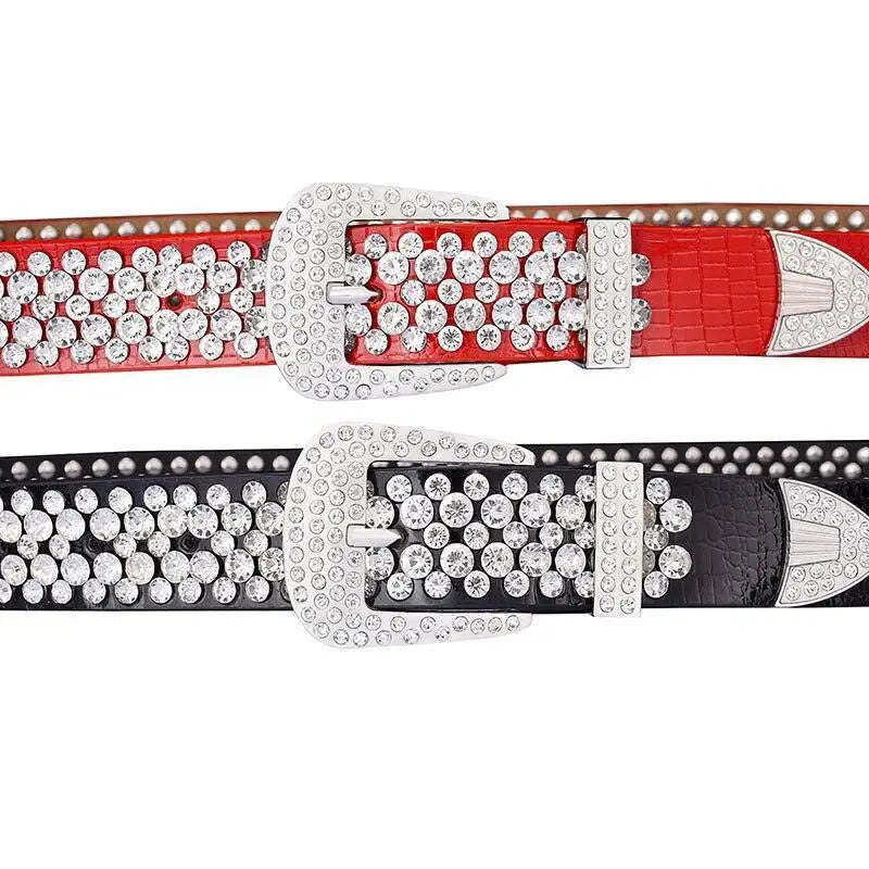 Black and red leather rhinestone belt with embellishments showcasing a stylish rhinestone belt
