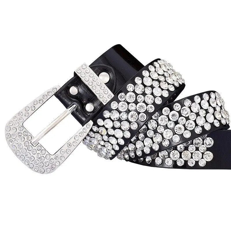 Black leather rhinestone belt with embellishments from Black and Red Leather Rhinestone Belts