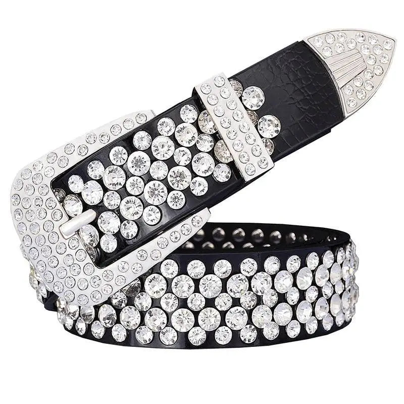Black leather rhinestone belt with rhinestone embellishments for stylish fashion statement