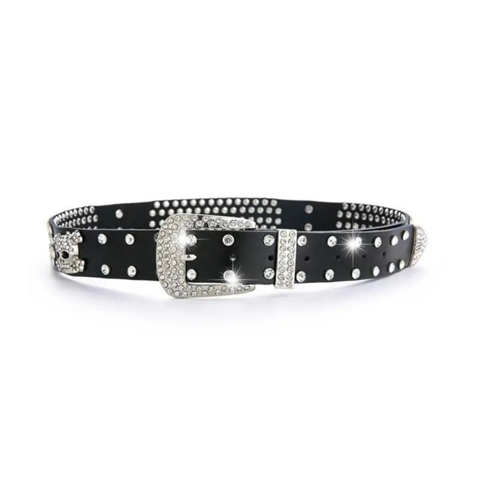 Black leather belt with rhinestone accents for Black Vinyl Culottes and Top featuring Zephyr Rhinestone Belt