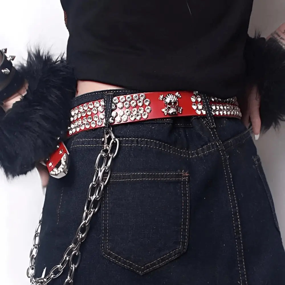 Red studded belt with skull detail from Zephyr Rhinestone Belt collection