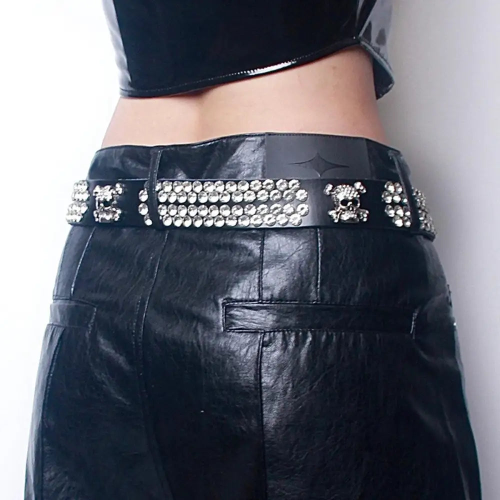 Black genuine leather pants with Zephyr rhinestone belt and skull detail