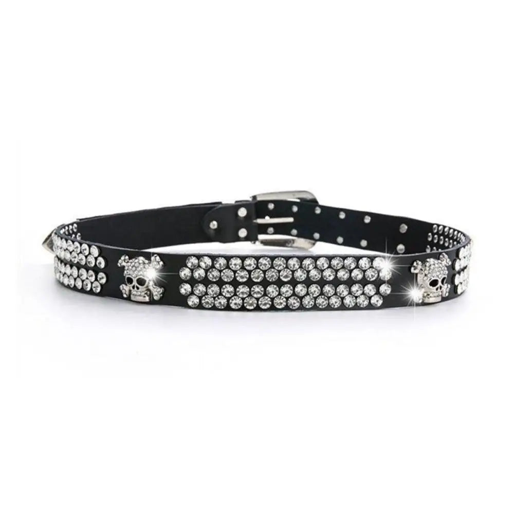Black belt with rhinestones and skull accents from Zephyr Rhinestone collection