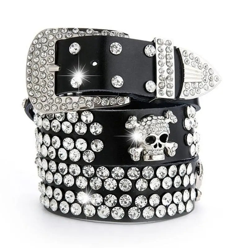 Black leather belt with rhinestones and skull detail from Zephyr Rhinestone Belt collection